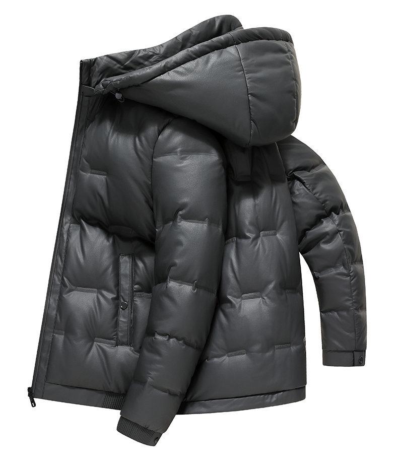 2025 Winter Men's Shiny Leather Hooded Down Jacket - Casual, Warm, Pure Color Outerwear