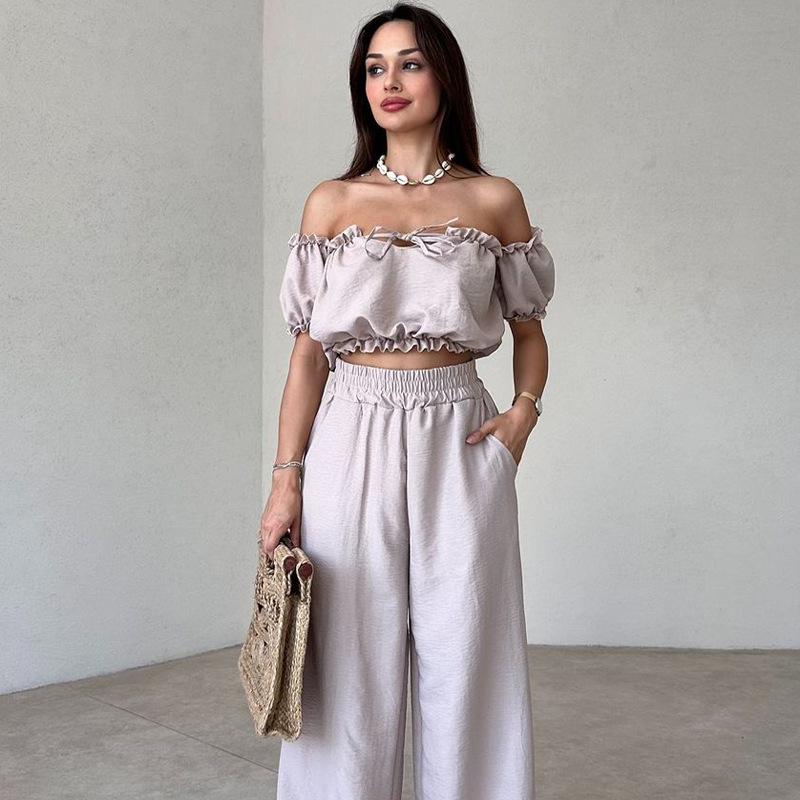 2024 Summer Off-Shoulder Crop Top & Wide-Leg Pants Set