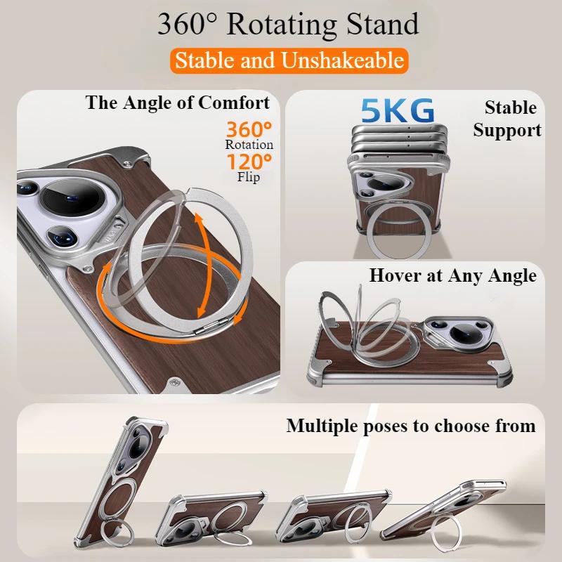 Oatsbasf Phone Case for Huawei Pura 70 Ultra with 360° Rotatable Stand Wooden Metal Frame Shockproof Magnetic Protective Cover