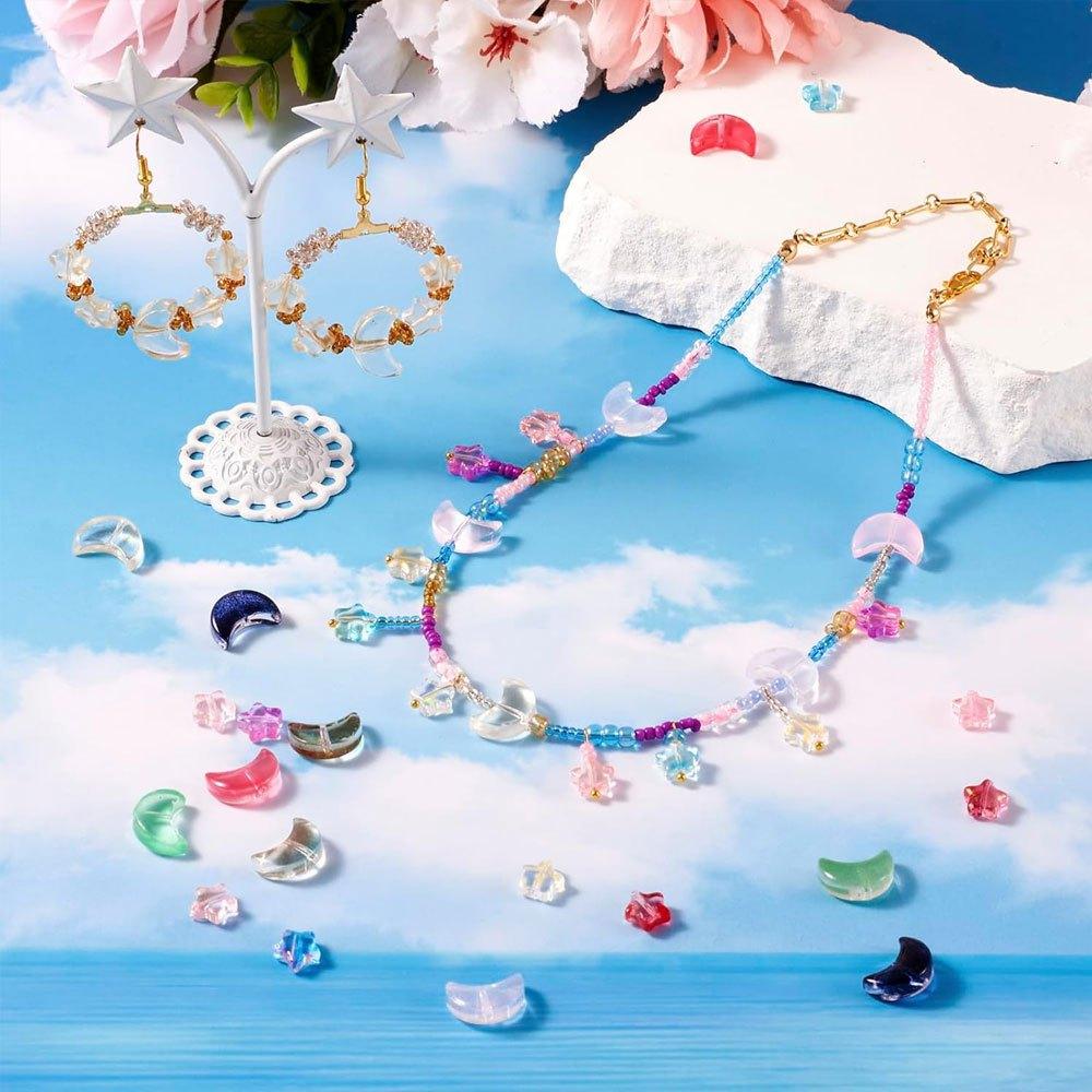 16/32/64 Stück Glasmaterial Mondperlen Stern Glas Bunte Anhängerperlen Mittig gebohrte Abstandsperlen DIY Freundschaftsarmband Ohrringe Halskette