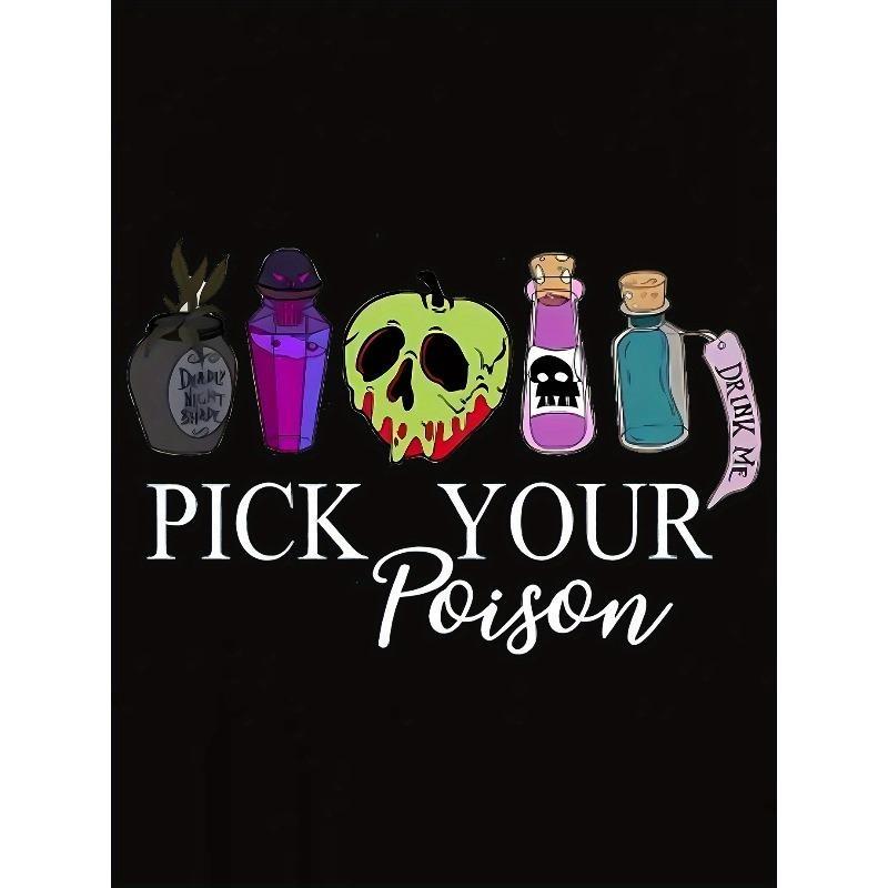 European Size Halloween-Inspired 'Pick Your Poison' Graphic T-Shirt for Women - Casual Crew Neck Short Sleeve Tee with Polyester and
