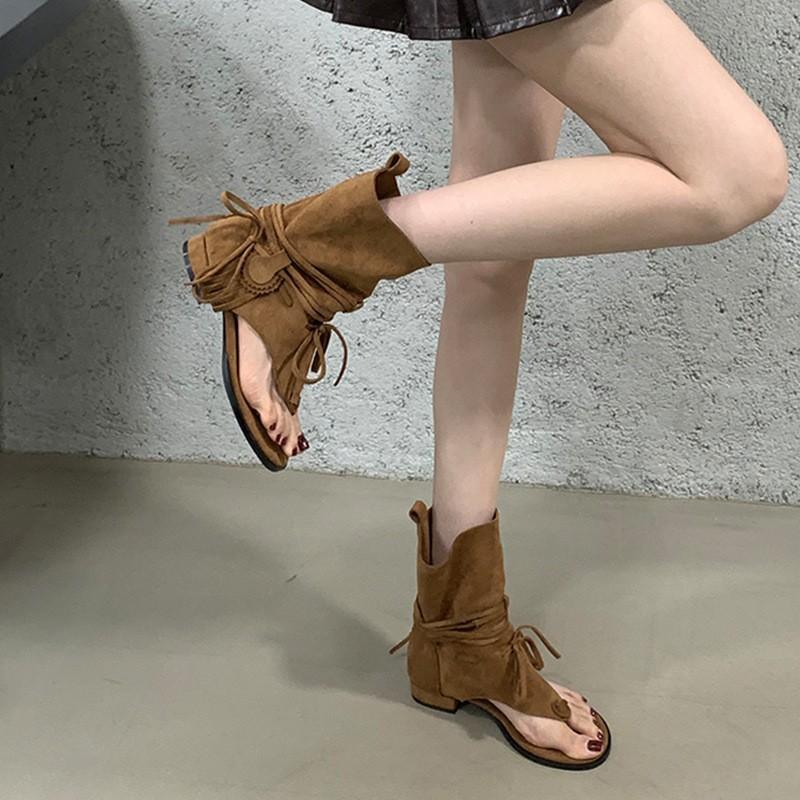 Cool boots women's summer women's boots pinch boots low heel short tube open-toed sandals French suede short boots women