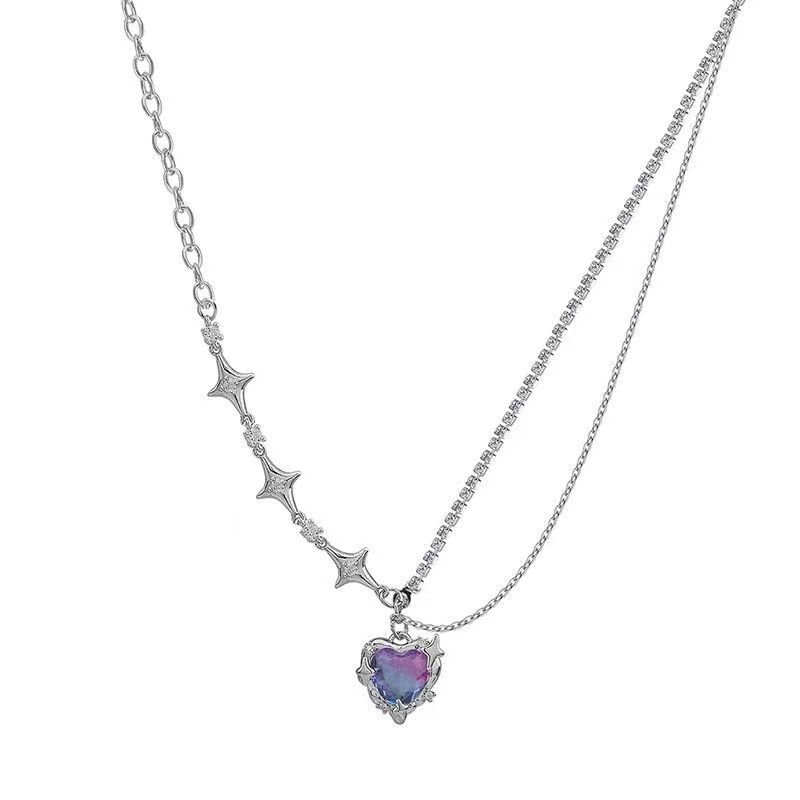 Spice Girl Pink Diamond Love Necklace Women'S Splicing Diamond Chain Niche Design Sweet And Cool Versatile Clavicle Chain Light Luxury