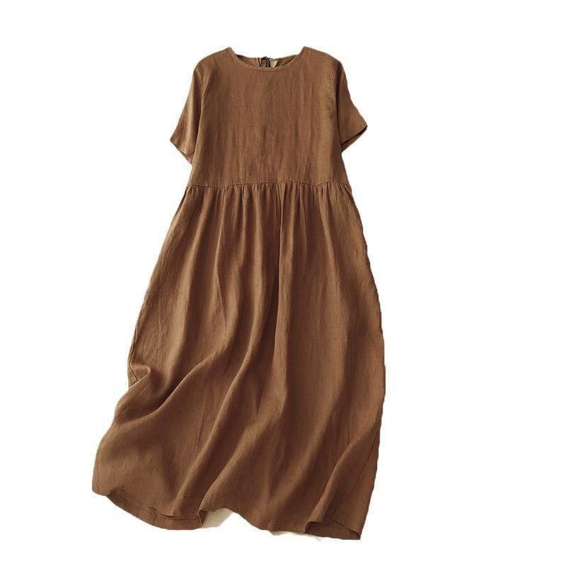 Summer Cotton Linen Blended Thin and Breathable Dress Women Literary Big Swing Short Sleeve Solid Loose Casual Female Dresses