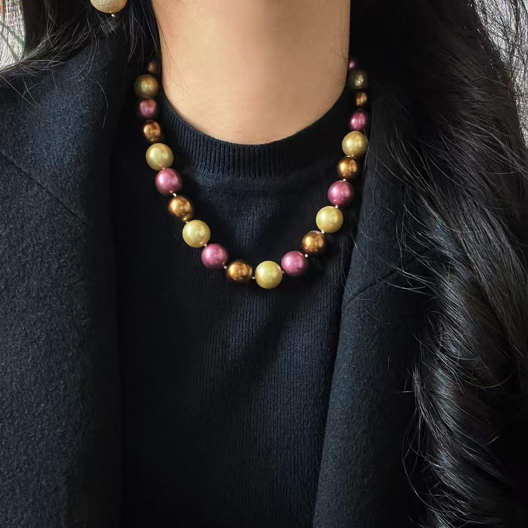 14Mm Retro Large Particle Perfect Round Merad Color Purple Gold Artificial Crystal Pearl Collarbone Chain Necklace