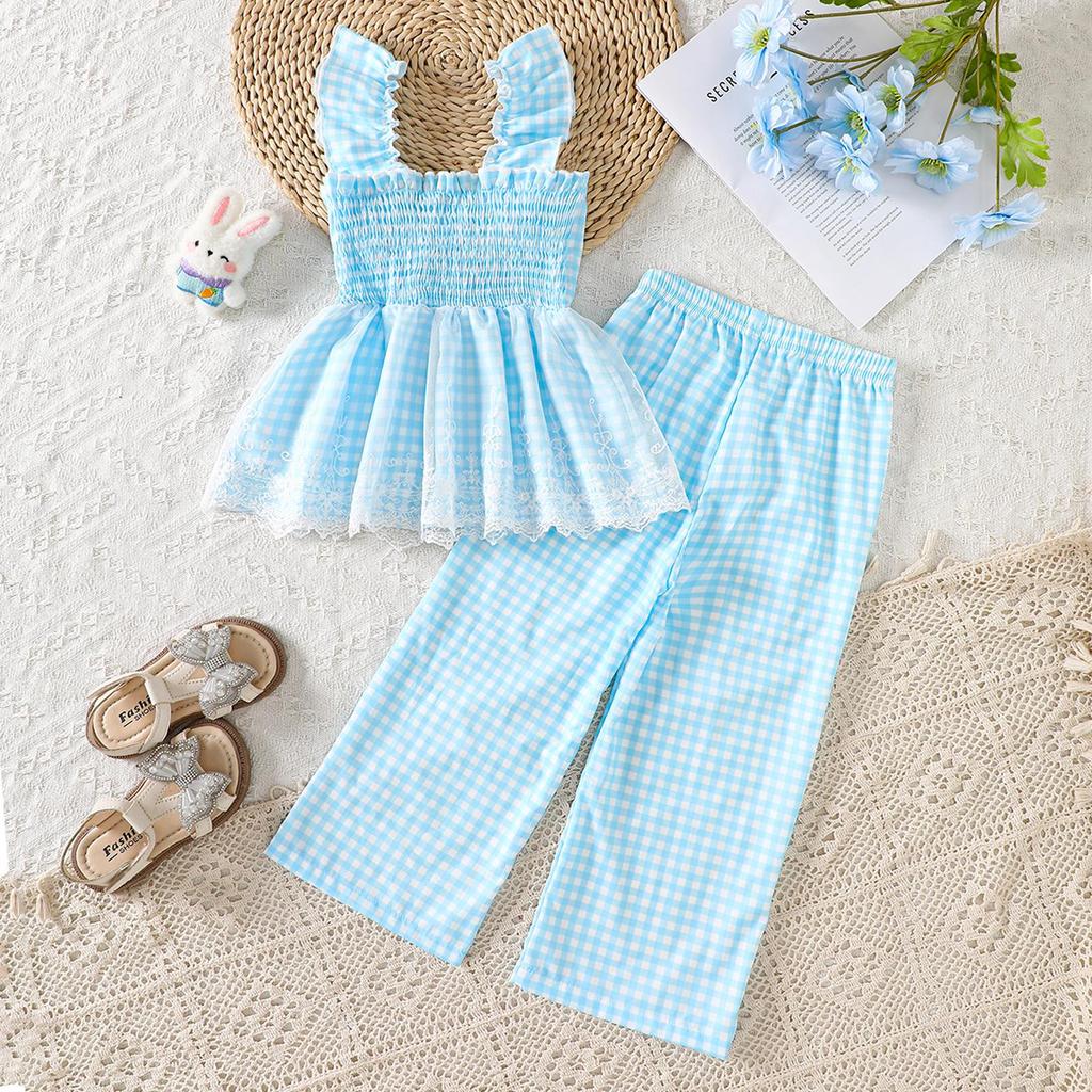 Sommer Süßes Karomuster & Kaninchen Stickerei Set: Trägertop & Weitbeinige Hose für Mädchen