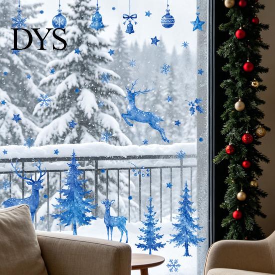 Blue Christmas Theme Party Supplies Watercolor Window Sticker, Non Adhesive Elk Snowflake Tree Removable PVC Holiday Decorations Wall Decal,