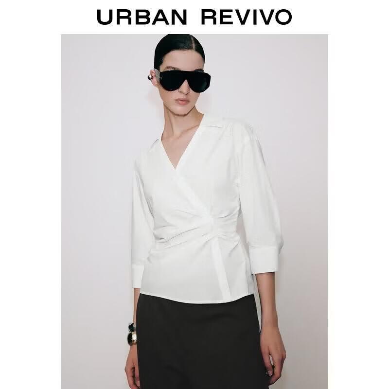 UR2026 Women s V-Neck Pleated Cotton Blouse L грязно-белый