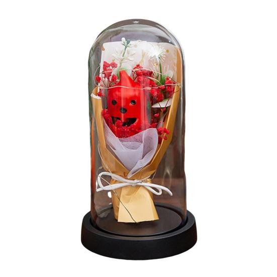 LED Clear Dome Pumpkin Night Light Halloween Light-up Pumpkin In Cloche with Artificial Flower for Home Kitchen Mantel Party Decor