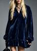Elegant Velvet Ruffle Lapel Shirt Dress with Lantern Sleeves for Women