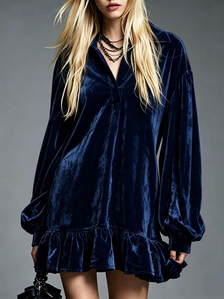 Elegant Velvet Ruffle Lapel Shirt Dress with Lantern Sleeves for Women
