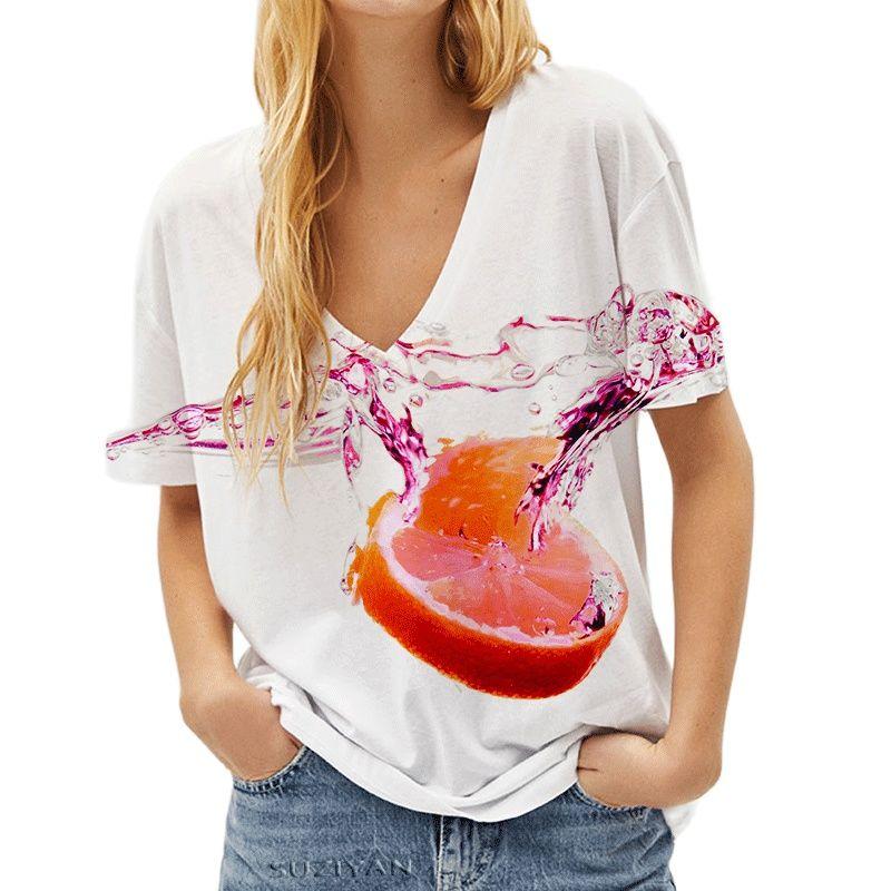

Модные весенние блузки с фруктовым принтом, футболки с V-образным вырезом и короткими рукавами, повседневные M белый