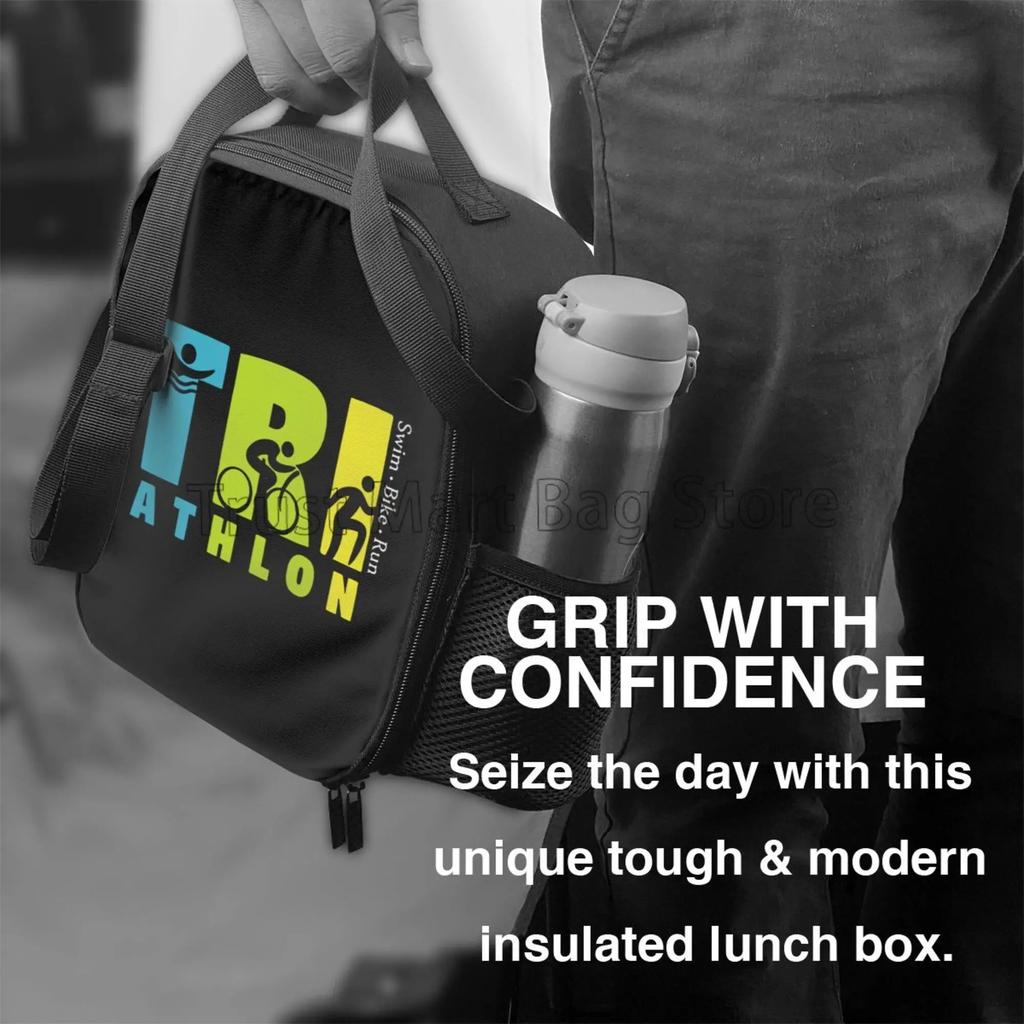 Swim Bike Run Pattern Insulated Lunch Bag Reusable Thermal Cooler Oxford Totes with Adjustable Strap for Travel Picnic