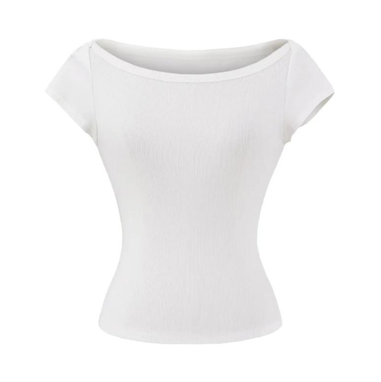 Boat collar short-sleeved T-shirt summer new female American Spice Girl style solid color slim-fitting and thin short bottomed shirt top