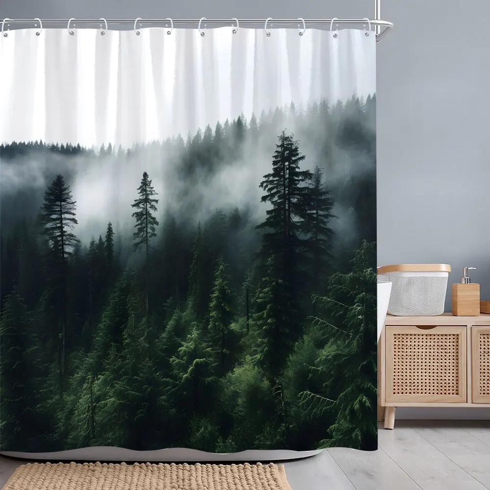 Misty Forest Shower Curtain Woods Birds Watercolour Art Creative Polyester Fabric Shower Curtains Bathroom Decoration With Hooks