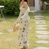 Elegant French Resort-Style Off-The-Shoulder V-Neck Butterfly Print H-Line Dress for Women