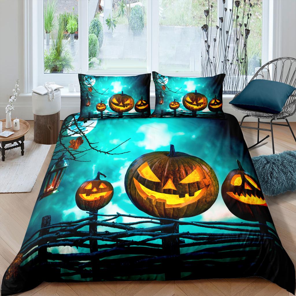 3D Halloween Bedding Set Pumpkin Ghost Quilt Cover Pillowcase 2/3 Pieces AU/DE/EU/US Full Size Soft and Easy To Clean Bedroom Decoration