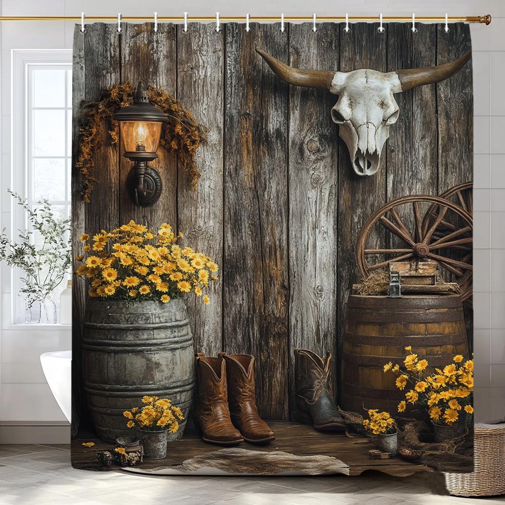 Flower Scenery Of Rural Farmhouse Shower Curtain, Bathroom Decorative Shower Curtain, Home Decorative Curtain With Hooks