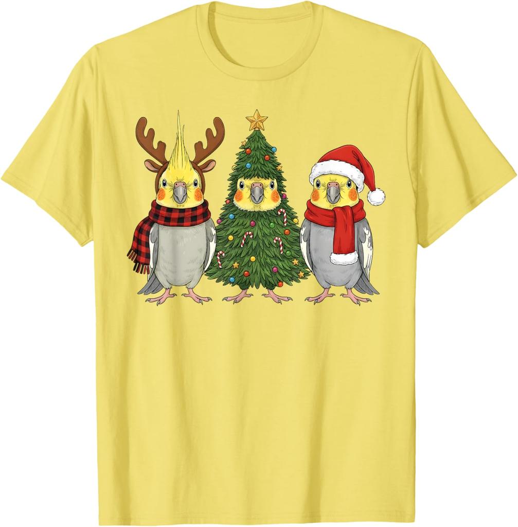 Funny Cockatiel Christmas T-Shirt Santa Reindeer Parrot Graphic Tee Unisex Casual Cotton Print