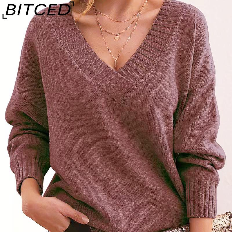 

BITCED Women s Oversized V-Neck Pullover Sweater - Versatile Knitwear for Casual Wear XXXXXL кармін червоний колір