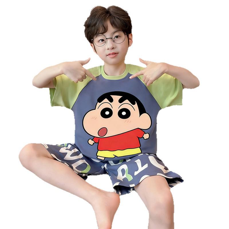 Summer Cartoon Print Boys' Pajama Set - Two-Piece, Short Sleeve, Round Neck, Lightweight, Medium & Large Sizes