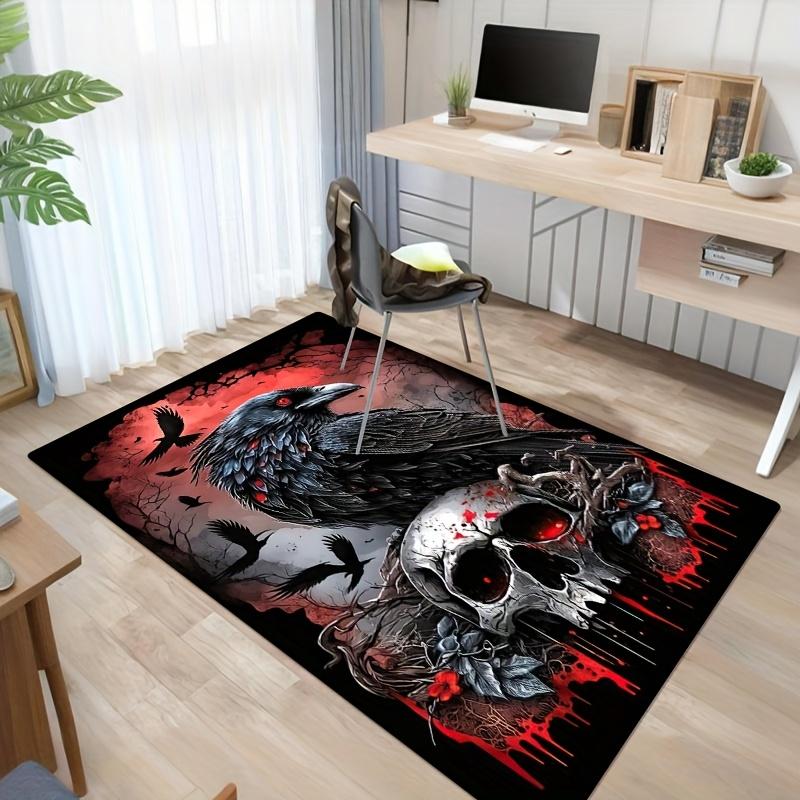 Gothic Crow Skull Rug Crystal Velvet Black Red Blood Drip Macabre Decor Kitchen Bathroom