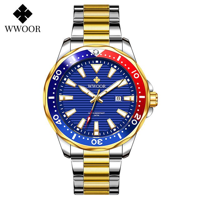 WWOOR Luxury Stainless Steel Men's Watches Sport Diving Quartz Clock Luminous Waterproof Military Wristwatch Relogio Masculino