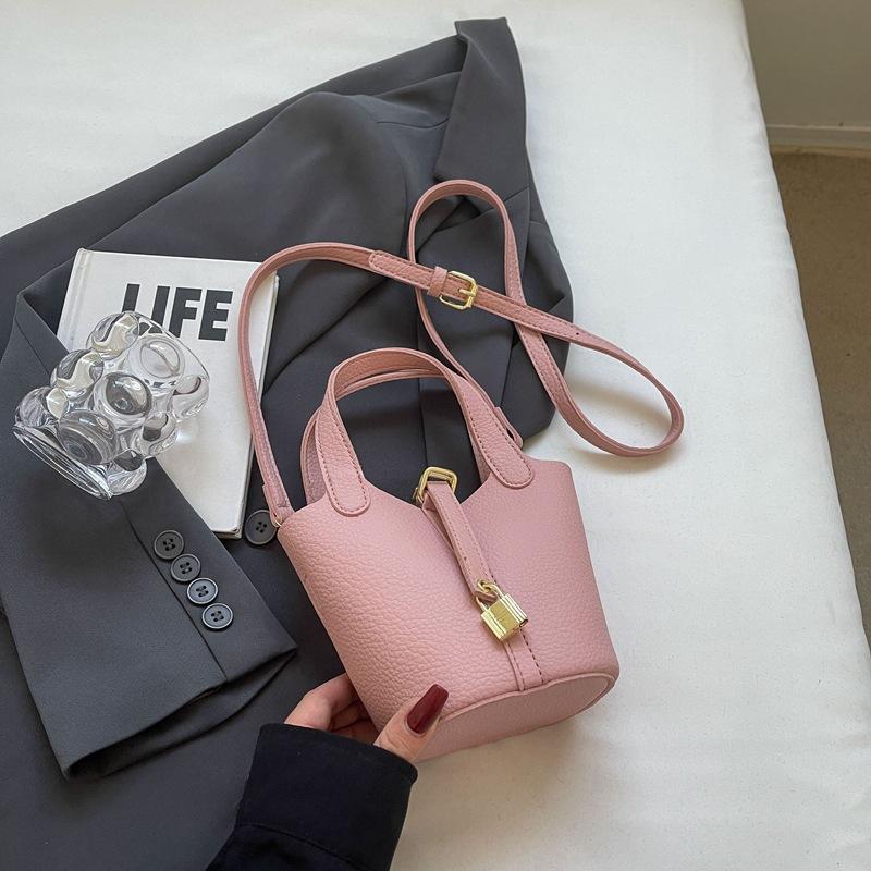 New High-end Lychee Pattern Small Lock Mother Bucket Bag Portable Single Shoulder Oblique Span Women's Bag