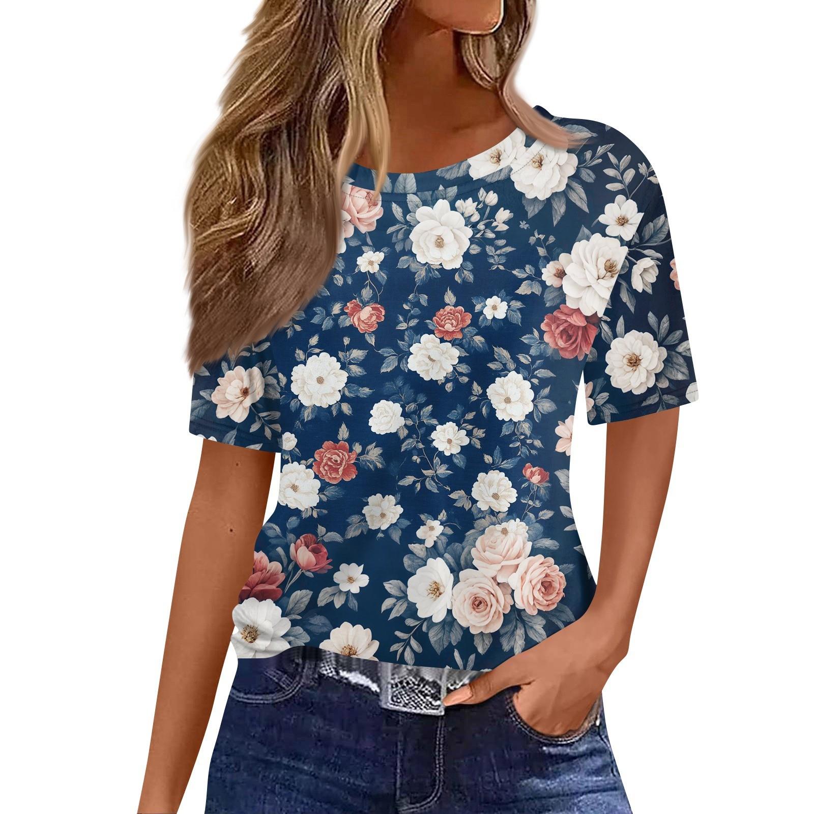 

Модний жіночий повсякденний пуловер з принтом і круглим вирізом з короткими рукавами S