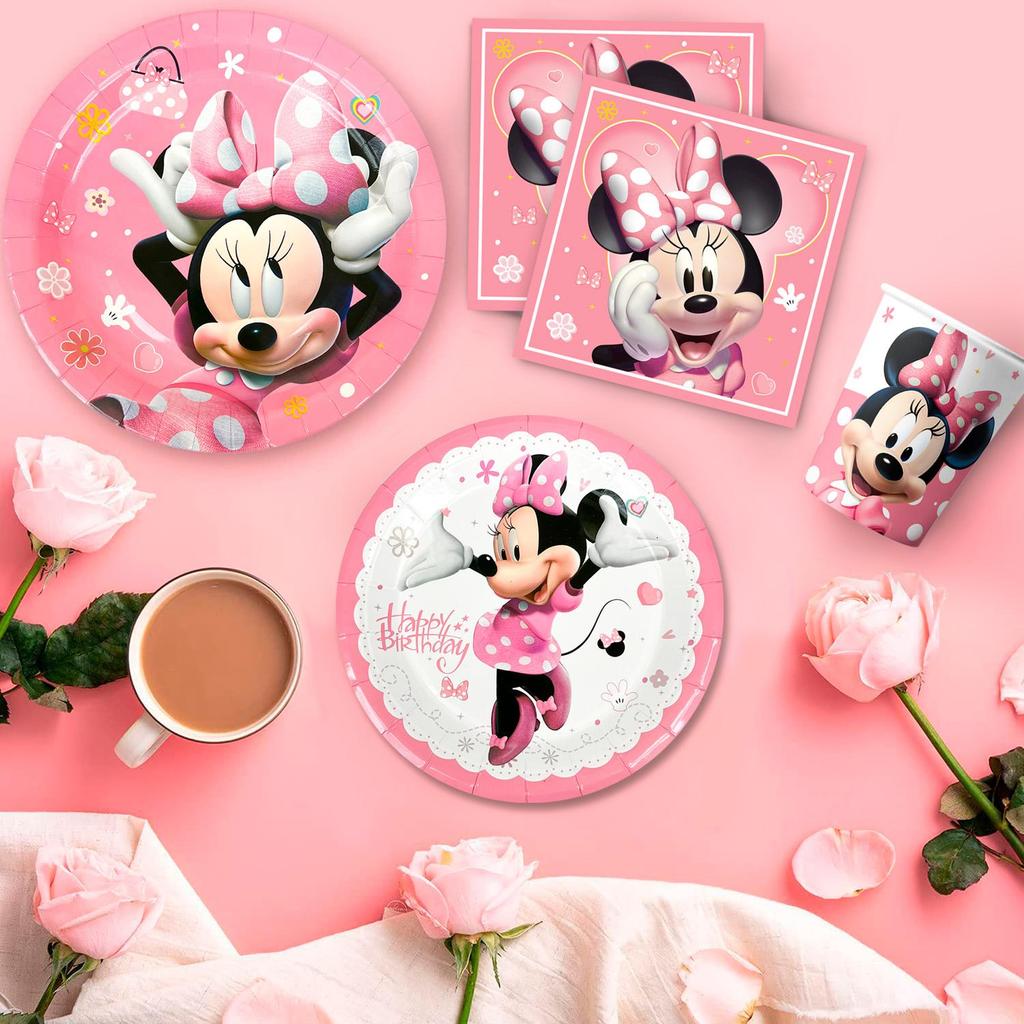 113pcs Min-nie Birthday Party Supplies, Min-nie Mouse Party Decorations Tableware Set - Mouse Plates and Napkins Cups Table Cloth etc