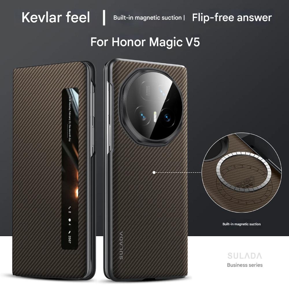 Wysokiej klasy etui na telefon z włókna węglowego Kevlar o fakturze skóry Magsafe dla Honor Magic V5 V3 Inteligentny sen Bezprzewodowe ładowanie Odporny na wstrząsy pokrowiec