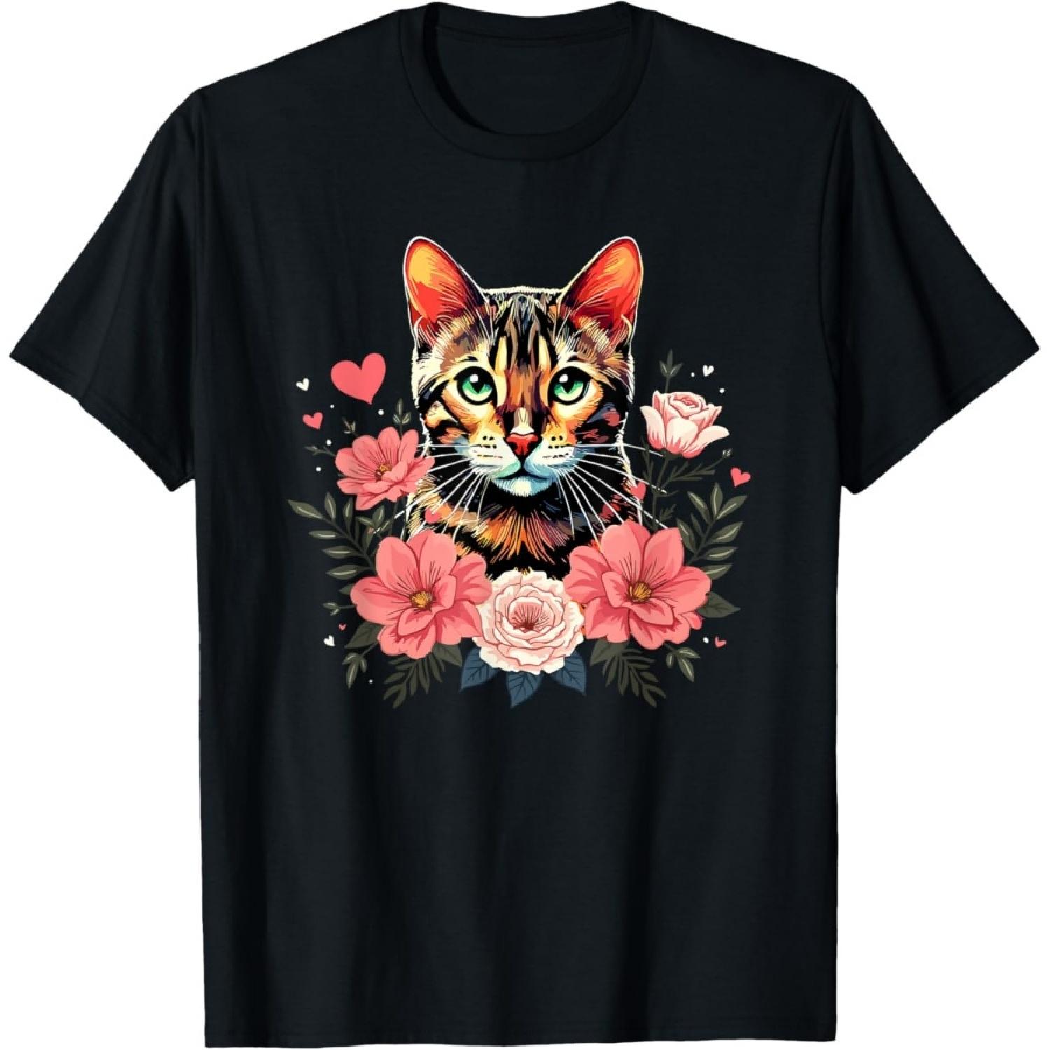 Roses Flowers Bengal Cat T-Shirt S