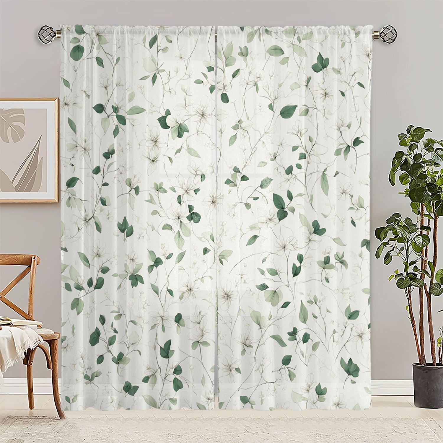 

2Pc Green Branches And White Flowers Pattern Curtains, Polyester Fabric, Machine Washable, Suitable For Living Room And Bedroom 53x116cm &2pc
