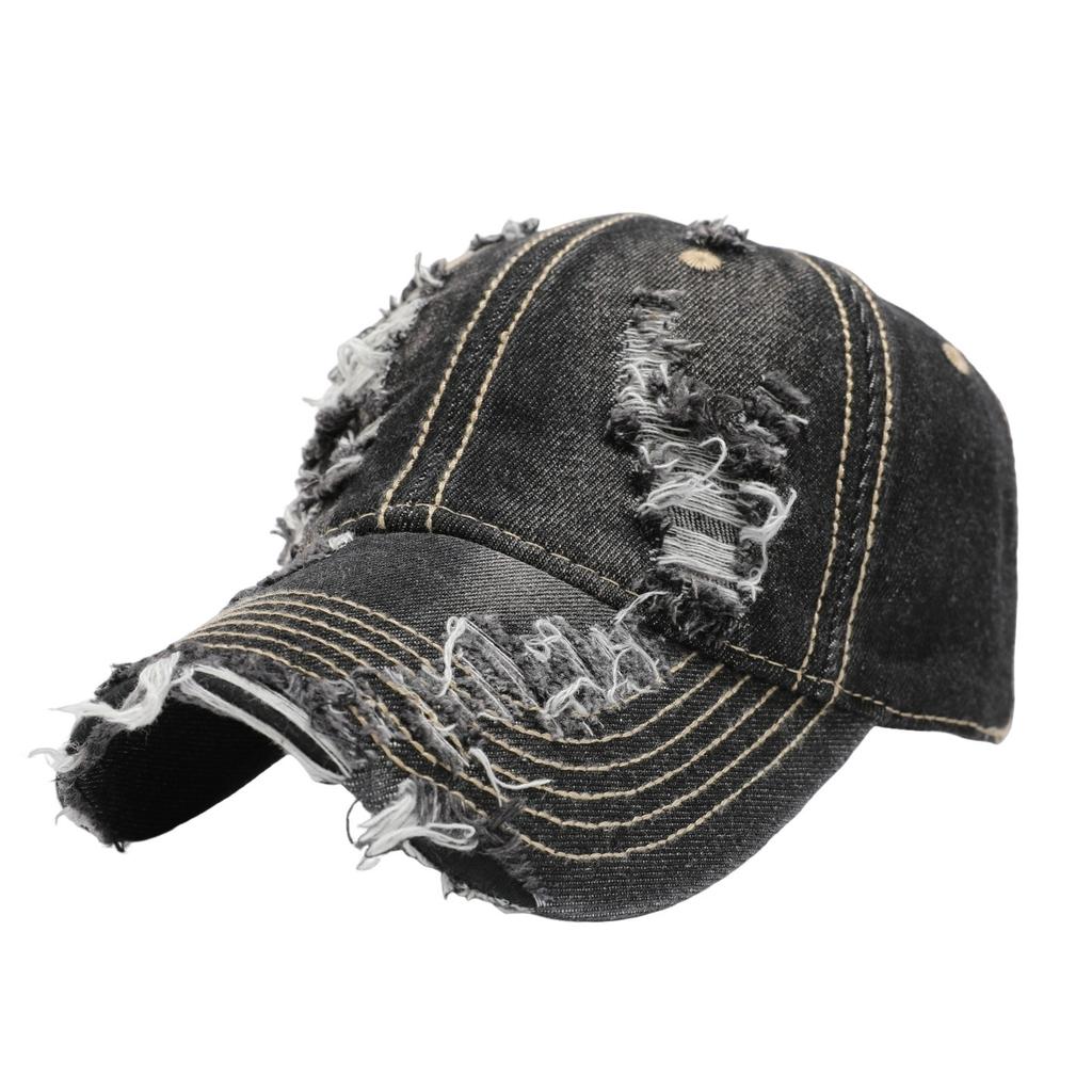 Solid Color Ripped Denim Baseball Cap Men's Big Brim Big Head Circumference Visor Soft Top Truck Driver Cap
