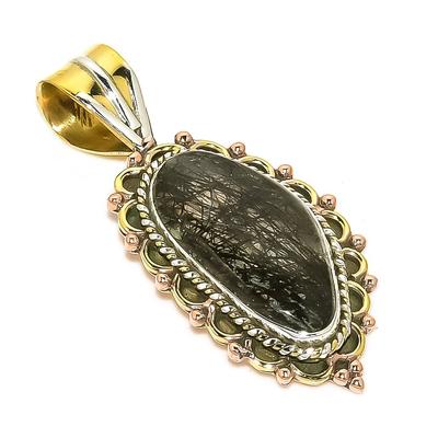 Natural Black Rutile TwoTone 925 Solid Sterling Silver Gift Pendant 1.75" W2a35