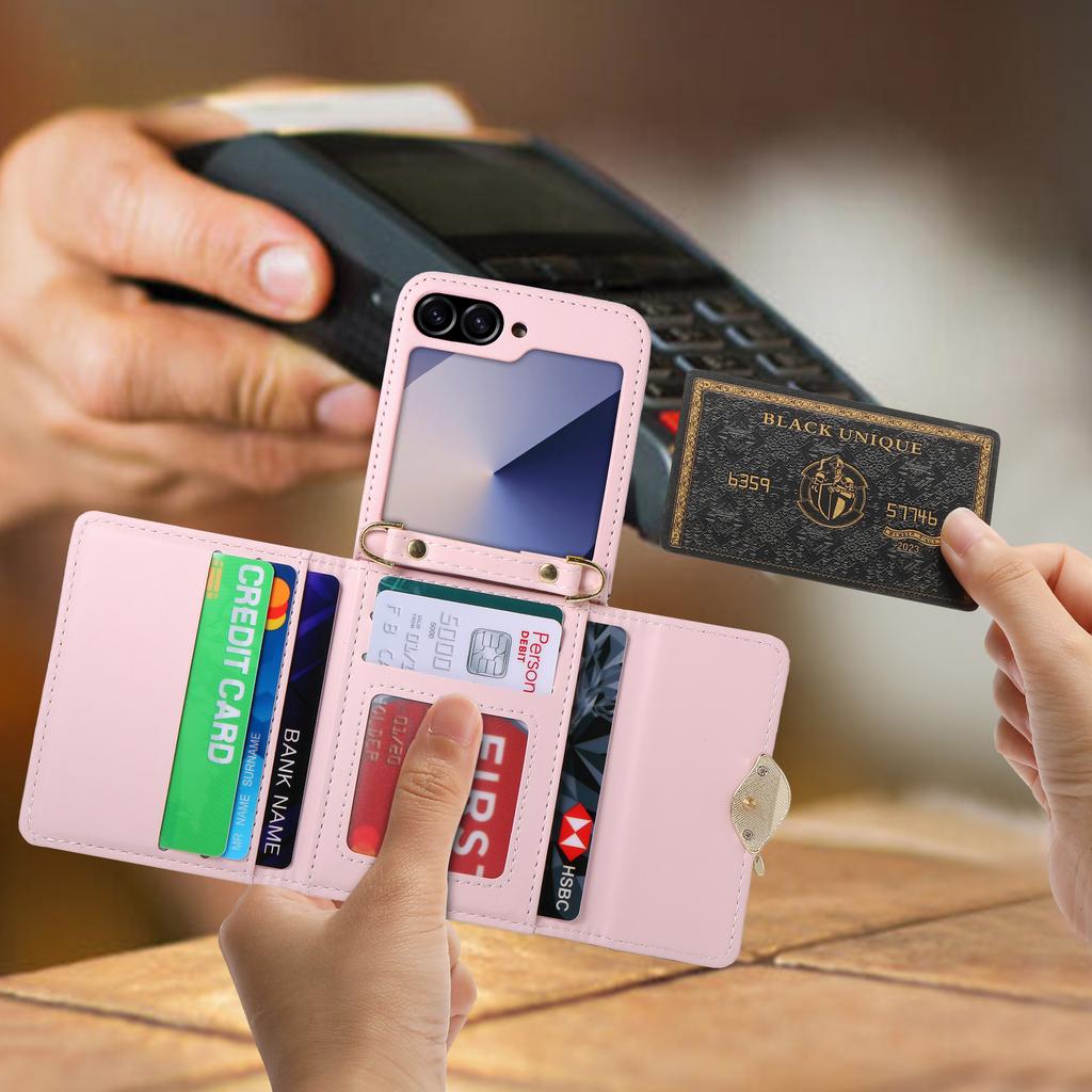 Crossbody Cards Solt Wallet Leather Case For Samsung Galaxy Z Flip 6 5G Triple Fold Pocket Golden Leaf Flip6 Bag Lanyard Cover
