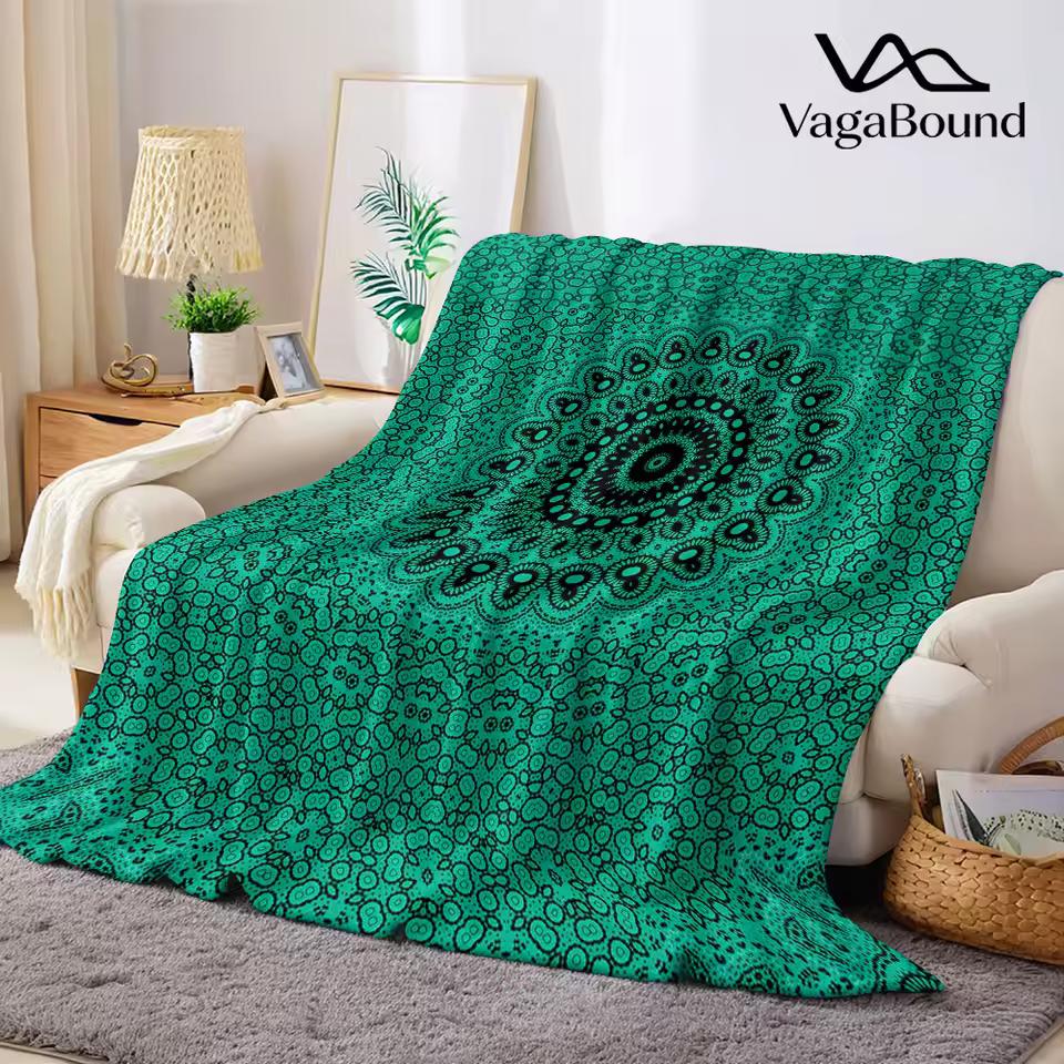 Teal Mandala Fractal Flannel Blanket Warm Soft Halloween Christmas Decorative Couch Warm Cozy All-Season Gift