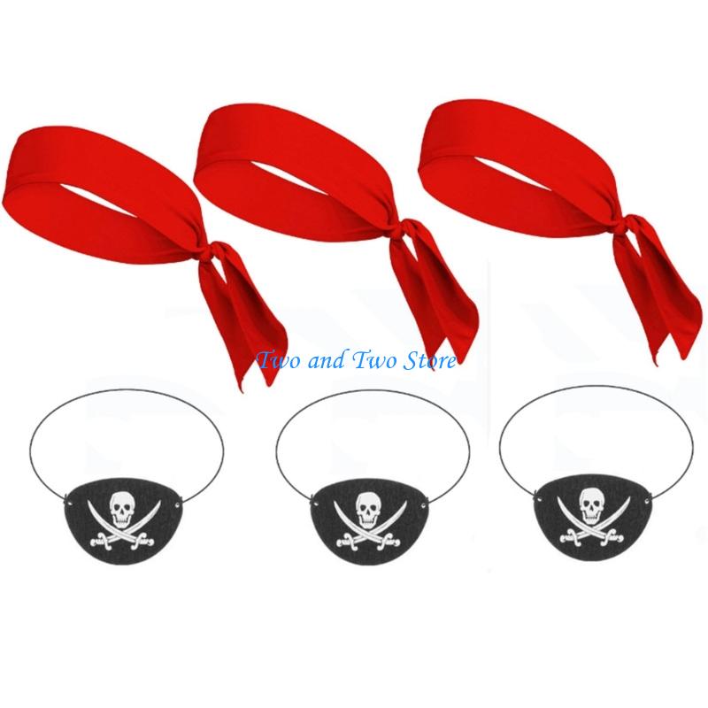 HX6F Halloween Pirate Costume Accessories Tie Headband Pirate Hat Pirate Eye Patches Golden Earrings for Kids Toddler