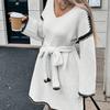 Women Slouchy Fashion Tie Waist Dress Loose Knit V-neck Long Sleeve Fall Mid-length Comfortable Breathable Dresses White Dress