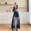 American ripped lace wide-leg jeans women's spring and summer new high-waisted loose personality trend straight pants