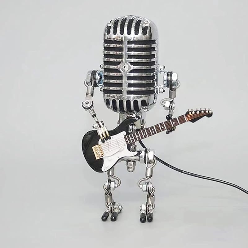 Microphone Robot Lamp Statue Industrial Table Lamp, Retro Steam Punk Robot Lamp Decor Night Light Creative Fun Desk Lamp for Home Office Desk