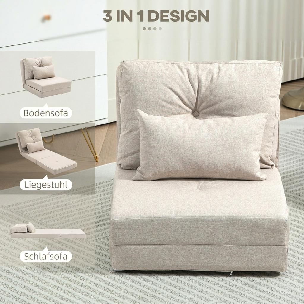 Floor Chair Folding Mattress Sleeping Mat, 2-in-1 Design, Removable Cushion, 60 x 80 x 56 cm, Beige