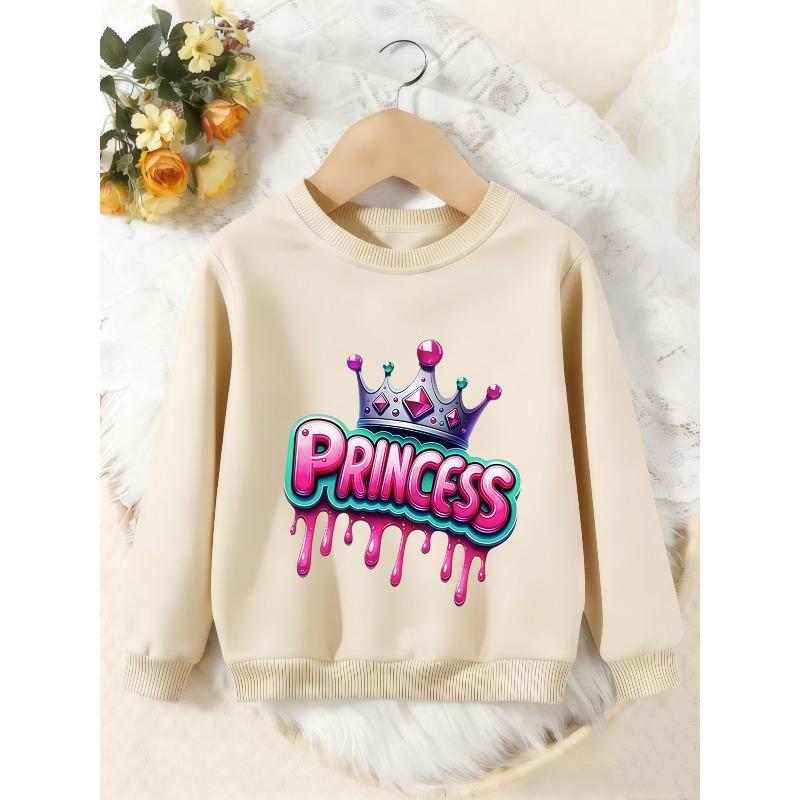 Girls Crewneck Sweatshirt, Drip Graffiti Princess Crown Print Long Sleeve Pullover, Cute Girly Casual Sweatshirt For Kids Over 4 Years Old