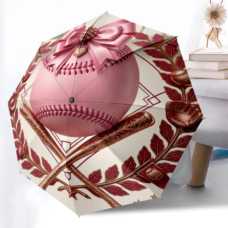 1pz Robusto Ombrello Automatico a 8 Stecche, Carino Ombrello Rosa Baseball Calcio, Stampato Digitalmente, Ombrello Pieghevole per Uso Esterno in Movimento