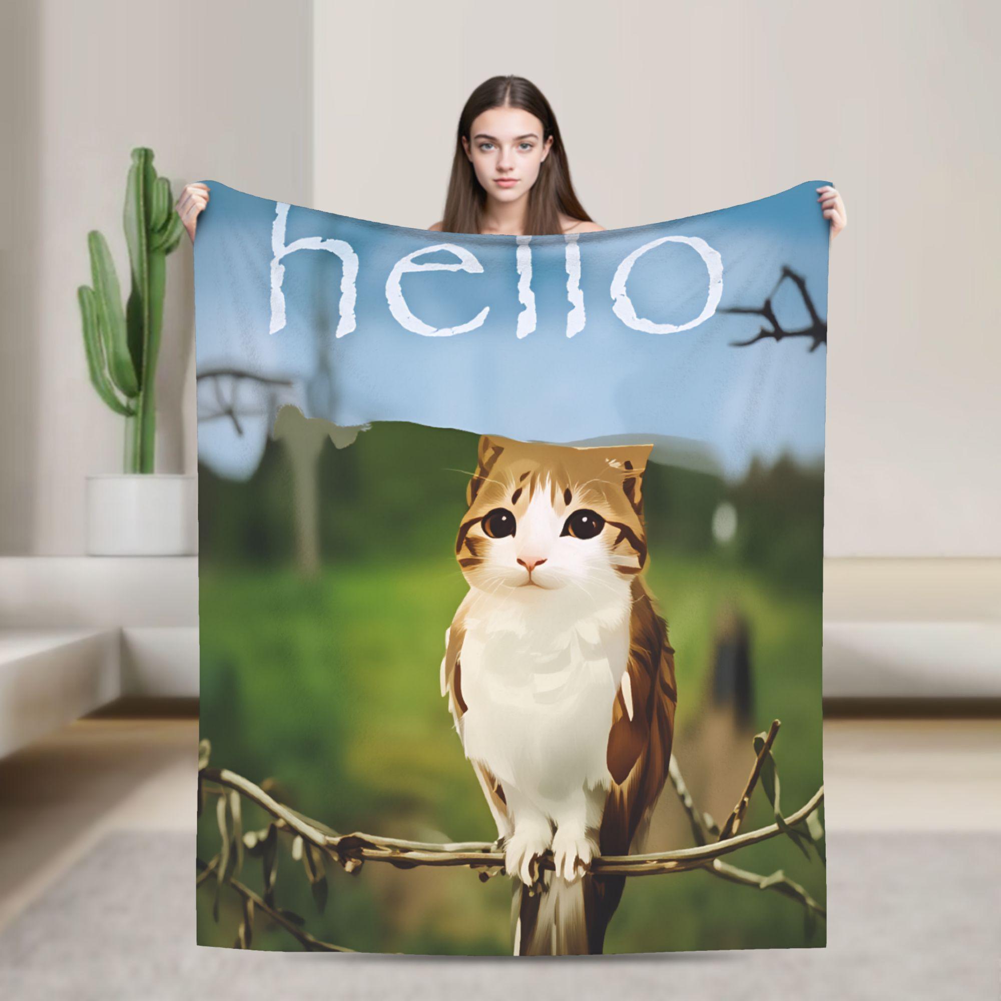 Helenal Unisex Meowl Meme Knitted Blanket Cat Owl Brainrot 90S Flannel Throw Blankets Summer Air Conditioning Printed Soft Warm Bedspread