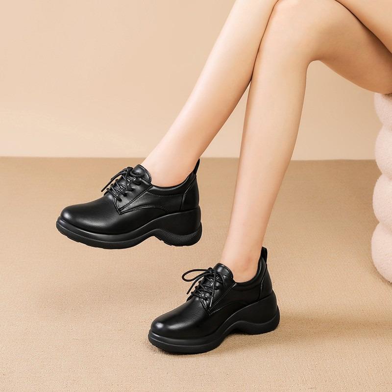 Black Thick High Heel Deep Mouth Single Shoes Women's Autumn New Heightening Leather Shoes Lightweight Wear-resistant Low-top Women's Shoes