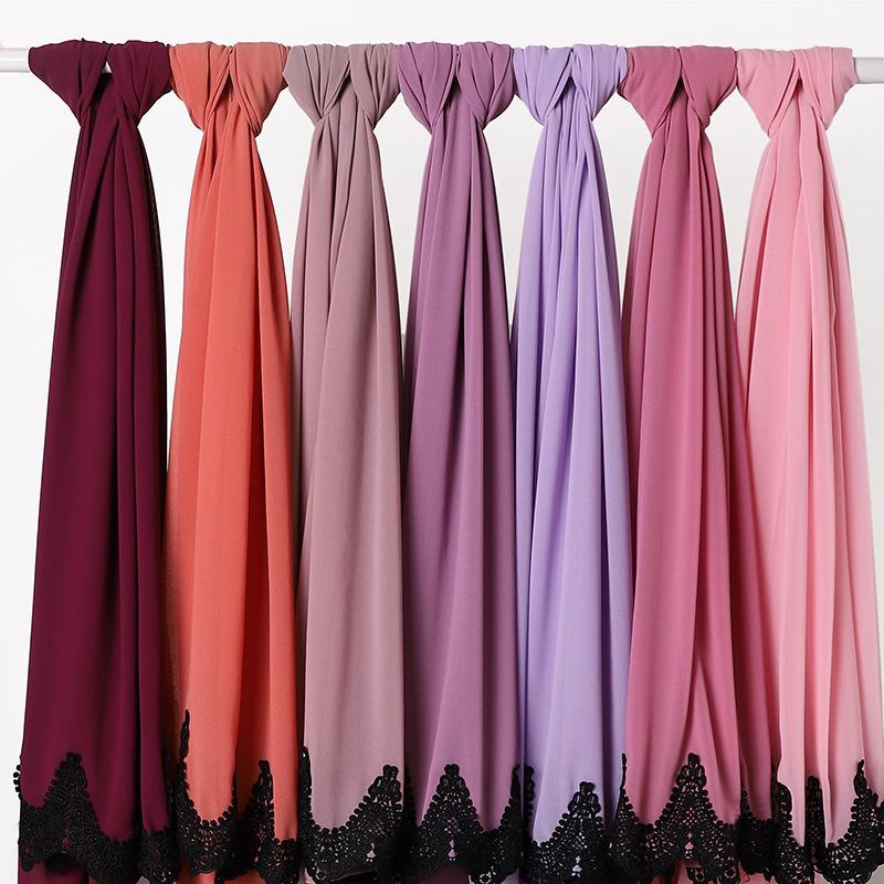 New Pearl Chiffon Malaysia Fashion Black Lace Scarves Muslim Shawl Plain Soft Turban Head Wraps Headband