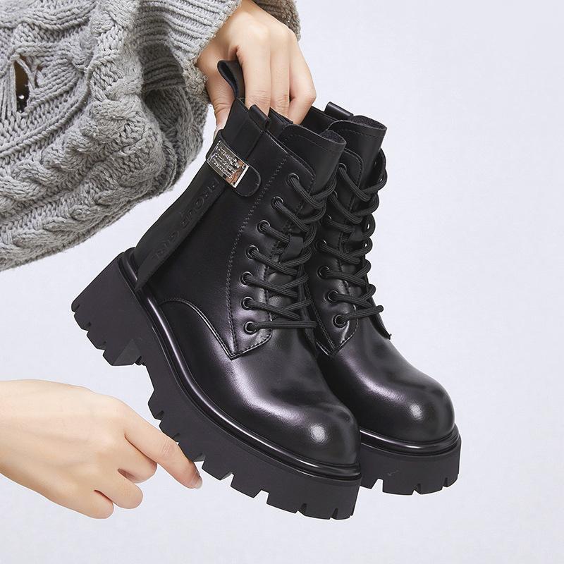 Leather Martin boots women's 2025 winter new thick heel medium tube women's boots thick-soled versatile velvet British style short boots