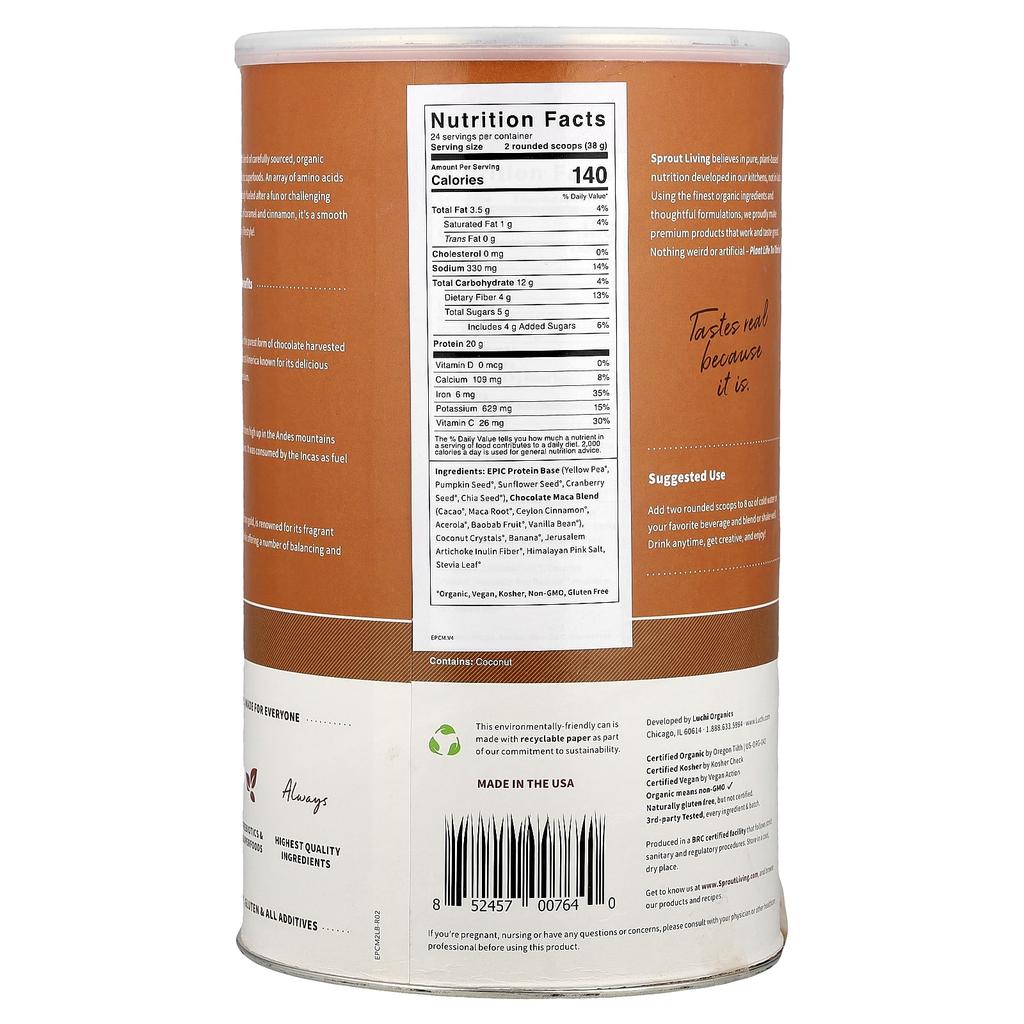 Epic Protein®, Organic Plant Protein + Superfoods, Chocolate Maca, 912G (2Lb)