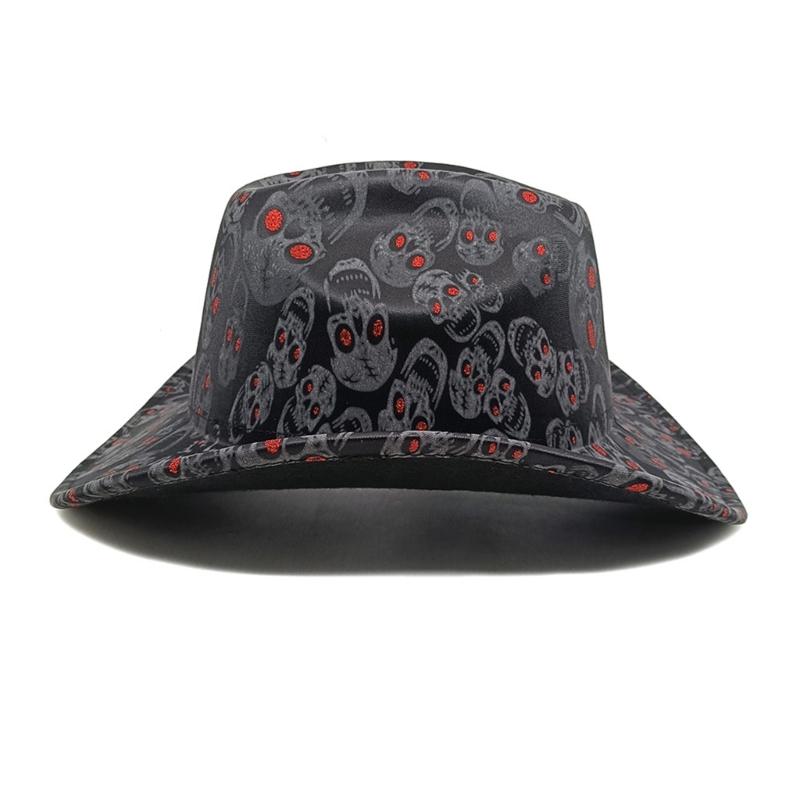 Elegant Punk Western Top Hat Wide Brims Fedoras Hat with Skull Pattern for Women Men Unisex Vintage Party Headwear